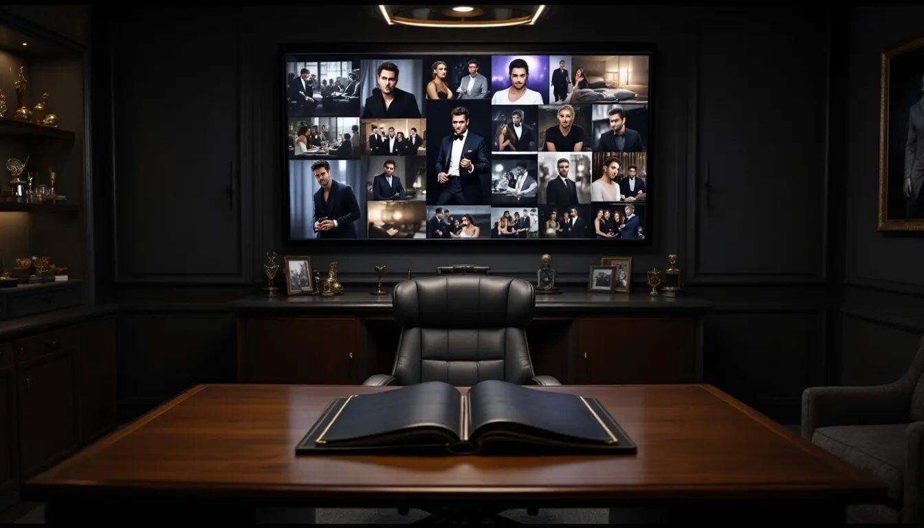 A professional actor reviewing their portfolio including headshots and a demo reel.