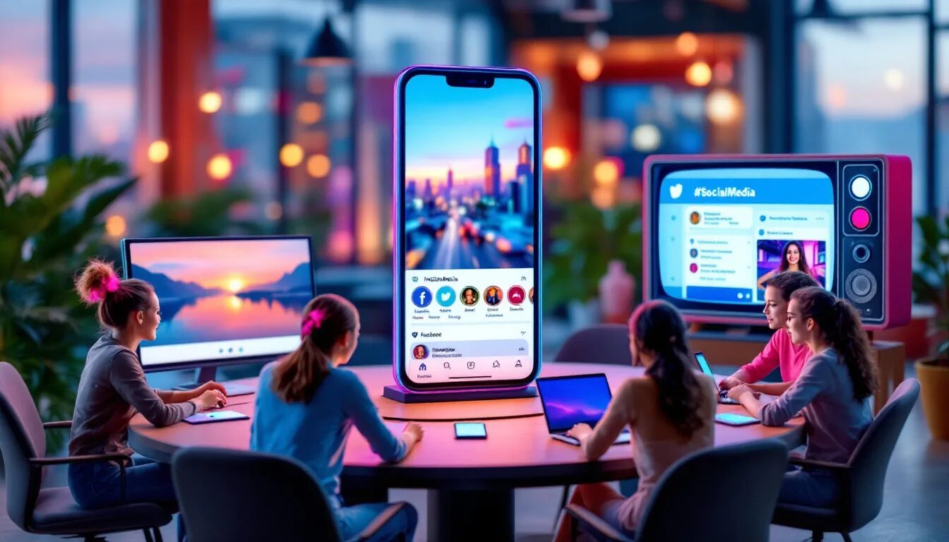 In the image, various social media platforms are displayed, showcasing their logos and icons, symbolizing the evolution of the entertainment industry over a decade. This vibrant collage represents how famous people, including Mark Zuckerberg, have built personal brands and fan bases through creating content and engaging with their audience online.