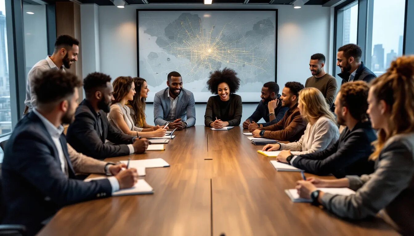 In the image, a diverse group of individuals is engaged in a networking event, exchanging ideas and building relationships in the entertainment industry. The atmosphere is lively, with people sharing their experiences on social media platforms and discussing how to create content that resonates with their audience, reflecting the hard work and dedication it takes to become famous.