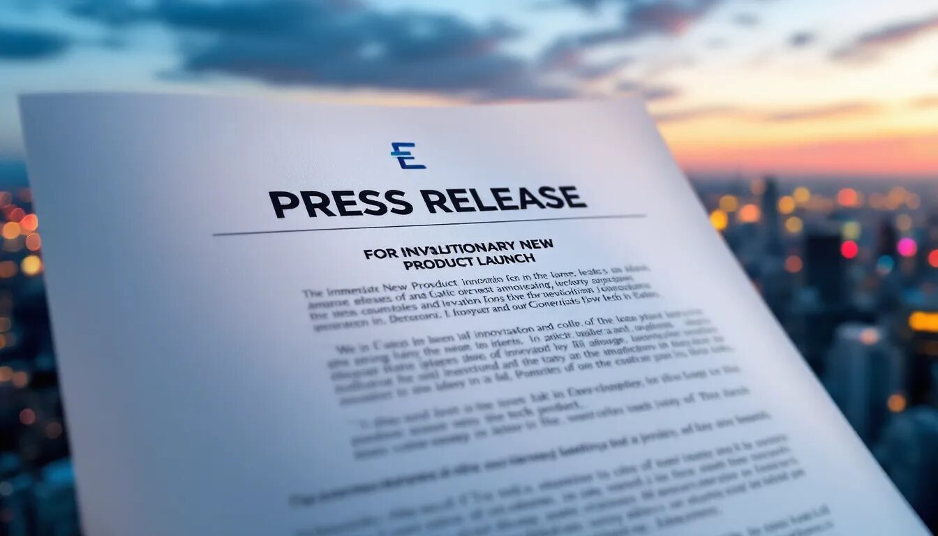 An image depicting a press release document, featuring a bold press release headline at the top, followed by key details and background information about a new business partnership. The layout follows the inverted pyramid format, making it easy for journalists and media outlets to quickly grasp the essential information for effective media coverage.