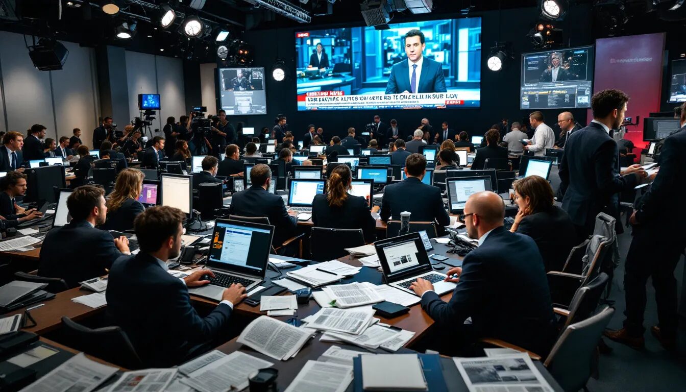 In the image, a diverse group of journalists is seen discussing strategies for positive media coverage, highlighting the importance of engaging target audiences through various platforms like email newsletters and blogs. They are brainstorming key messages that will enhance the company's credibility and support its brand in the competitive business landscape.